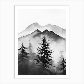 Mountain Forest Black And White Watercolour 1 Art Print