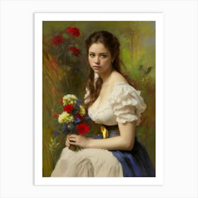 victorian lady beautiful woman female portrait with flowers in the forest Art Print