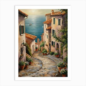 Tuscany, Oil Painting, Rustic Houses in a Village, Sea in the background Art Print