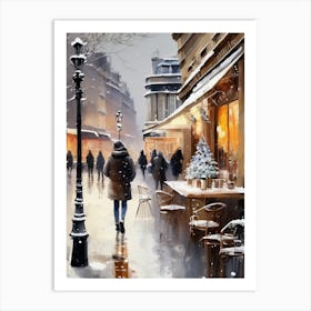 Paris cafes, winter season, Christmas, autumn oil colors, pale colors, pedestrians in the street, winter clothes, falling snow.Christmas decorations.8 2 Art Print