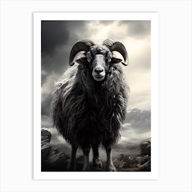 Stormy Black & White Illustration Of Highland Sheep 3 Art Print