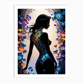 Silhouette of Naked Woman with Floral Frames #3 Art Print