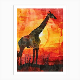 Giraffe Red Sunset Watercolour 2 Art Print