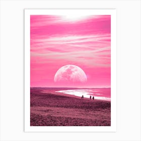 Pink Moon On The Beach Art Print