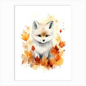 A Polar Fox Watercolour In Autumn Colours 2 Art Print