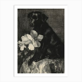 Black Dog With Flowers Art Print