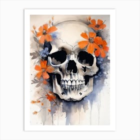 Abstract Skull Orange Flowers Painting (26) Art Print