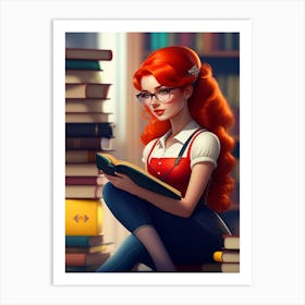 Girl Reading Books Art Print