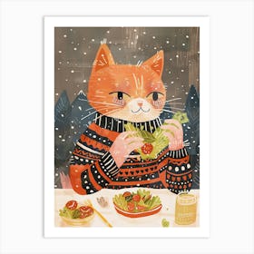 Cute Orange Eating Salad Folk Illustration 3 Art Print