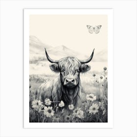 Black & White Illustration Of Highland Cow With Butterfly Art Print