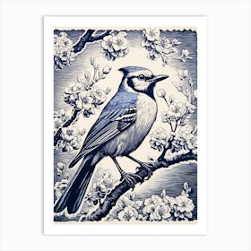 Vintage Bird Linocut Blue Jay 10 Art Print