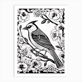 B&W Bird Linocut Cedar Waxwing 1 Art Print