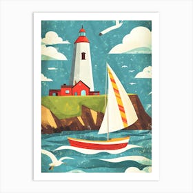 Lighthouse And Sailboat Art Print