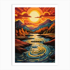 River in Sunset I, Vibrant Colorful Painting in Van Gogh Style Art Print