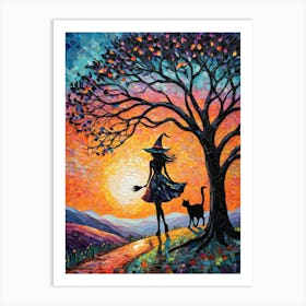 Wonderful Witch - Beautiful Rainbow Mosiac of Whimsical Black Cat Watching the Sun Set Whimsy Kitty Art for Cat Lover, Cat Lady, Chakra Pride Pagan Witch Colorful HD Art Print