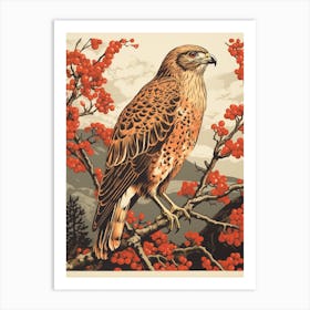 Vintage Bird Linocut Red Tailed Hawk 3 Art Print