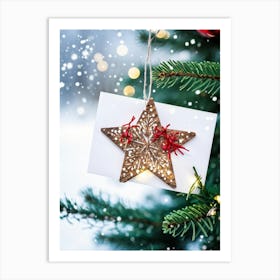 Festive Christmas Card Featuring A Close Up Of A Glowing Hand Made Wooden Star Ornament Resting On (3) Poster