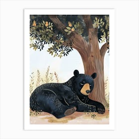 American Black Bear Laying Under A Tree Storybook Illustration 1 Art Print
