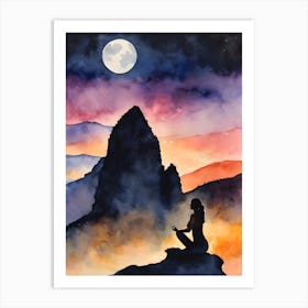Meditating Woman In The Mountains - Full Moon Contemplating Serenity Calm Yoga Meditating Spiritual Grounding Heart Open Buddhist Indian Travel Guidance Wisdom Peace Love Witchy Beautiful Watercolor Woman Trees Blue Silhouette Art Print