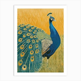 Blue Mustard Peacock In The Grass Linocut Inspired 4 Art Print