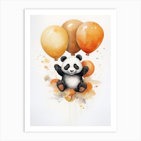 Panda Flying With Autumn Fall Pumpkins And Balloons Watercolour Nursery 2 Art Print