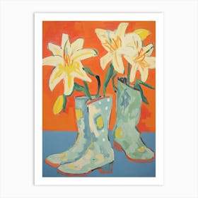 Painting Of Yellow Flowers And Cowboy Boots, Oil Style 12 Art Print