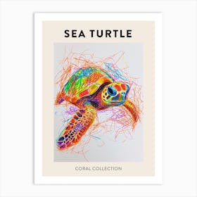 Sea Turtle With Marine Plants Scribble Poster 1 Art Print