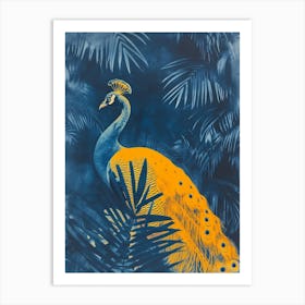 Orange & Blue Cyanotype Inspired Peacock With Tropical Leaves 1 Art Print