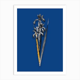 Vintage Blue Iris Black and White Gold Leaf Floral Art on Midnight Blue n.0502 Art Print