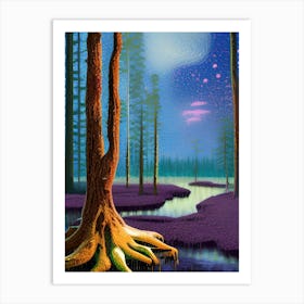 Artwork Outdoors Night Trees Setting Scene Forest Woods Light Moonlight Nature Art Print