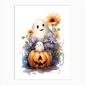 Cute Ghost With Pumpkins Halloween Watercolour 157 Art Print