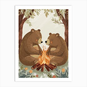 Brown Bear Two Bears Sitting Together By A Campfire Storybook Illustration 2 Art Print