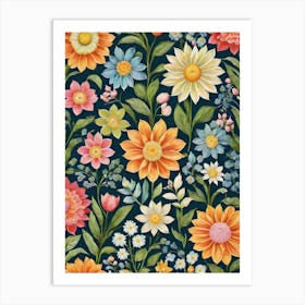 Painted Spring and Summer Flowers Boho Pattern - Navy Background Pink Yellow Blue Bohemian Wallpaper Art Like Amy Butler and William Morris Fabric Print For Lunar Pagan Gallery Feature Wall Floral Botanical Luna Lover HD Art Print