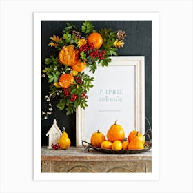 A Captivating Autumnal Scene Showcasing Ripe Oranges And Vibrant Pumpkins Resting On A Rustic Table (6) Art Print