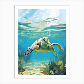 Block Colour Turtle Swimming Aqua 8 Art Print