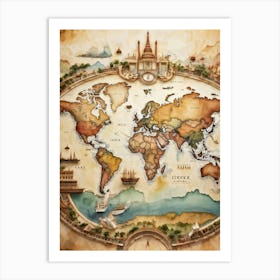 A World Map Visualizing An International Journey Pinpointing Iconic Historical Landmarks Across Var (6) Art Print