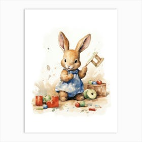 Bunny Playing With Toys Rabbit Prints Watercolour 4 Art Print