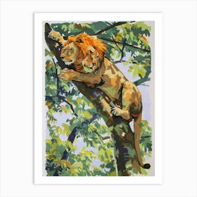 Asiatic Lion Climbing A Tree Fauvist Painting 3 Art Print