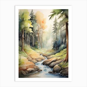 Watercolor Of A Stream In The Forest Art Print