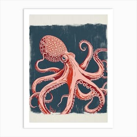 Navy Blue & Red Linocut Inspired Octopus 2 Art Print