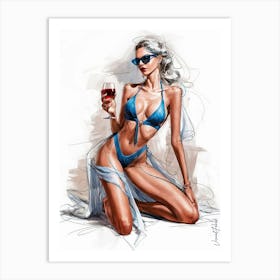 A Sketch Of A Woman In Blue Bikini With A Glass Of Wine 2 Art Print