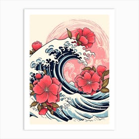 Great Wave With Rose Flower Drawing In The Style Of Ukiyo E 1 Art Print