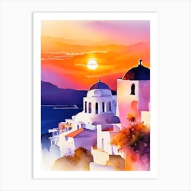 Santorini Greece Water Colour Sunset Art Print