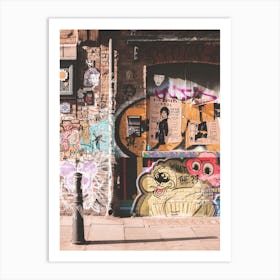 London, England I Shoreditch's colorful brick wall with street art photography and creative design graffiti mural at sunrise light on a Londoner street with an industrial aesthetic urban ambience cityscape Art Print