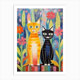 Two Patchwork Cats In A Floral Garden Art Print