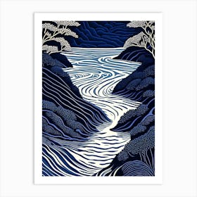 Flowing Water Waterscape Linocut 1 Art Print