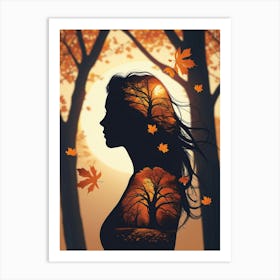 Silhouette Of A Woman In Autumn Art Print