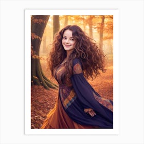 Beautiful Woman In Autumn Forest Art Print