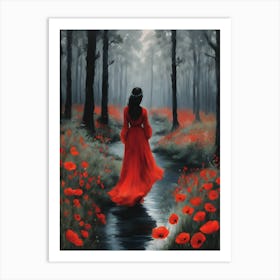 Looking For the Light ~ Lady in Red in the Dark Forest Surrounded by Poppies ~ Symbolism Art, Aesthetic, Dreamy, Gloomy, Beautiful Wall Decor by Sarah Valentine Art Print