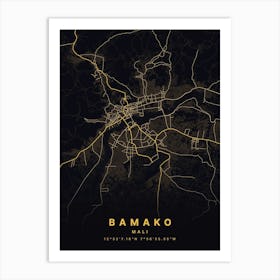 Bamako Mali Black And Gold Map Art Print